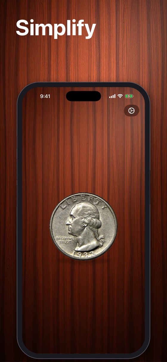 Flippr main screen: a silver quarter on wood